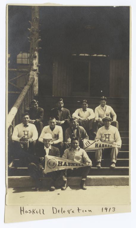 Haskell Delegation: Group of Young Men, Several Sporting "H" Letter Sweaters and Pennants
