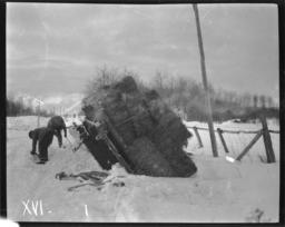 View of Overturned Sled Piled with Hay at the Side of a Road, Minnesota
